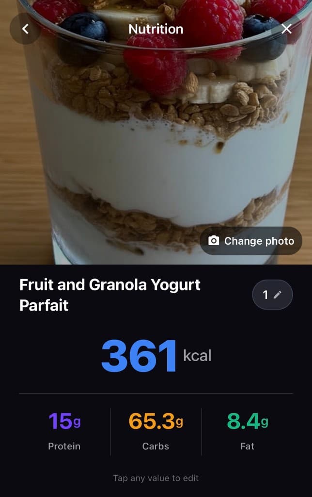 Healthly nutrition screen showing a yogurt parfait photo and macro breakdown