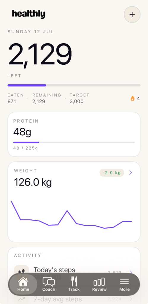Healthly home screen in light mode showing remaining calories and daily progress