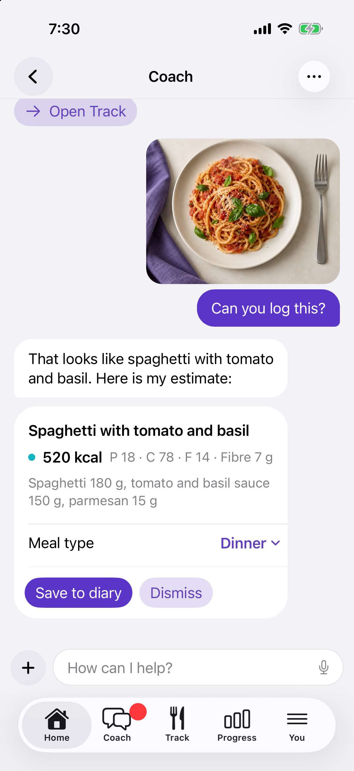 The Healthly Coach chat. A photo of spaghetti is sent with “Can you log this?” and the Coach replies with an estimate of 520 kcal and a Save to diary button.