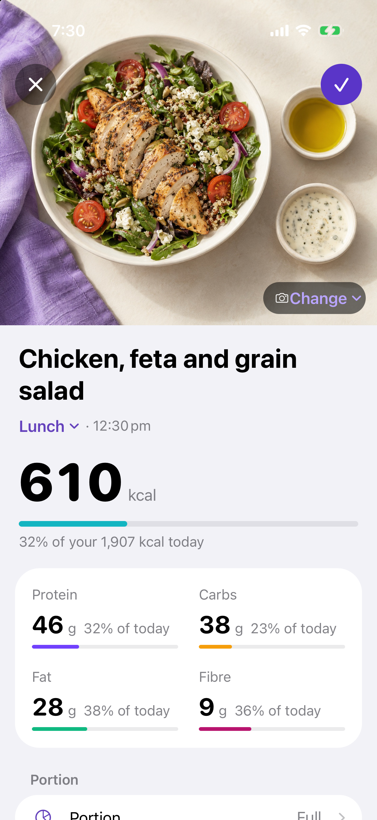 A logged chicken, feta and grain salad: 610 kcal, 46 g protein, 38 g carbs, 28 g fat and 9 g fibre.